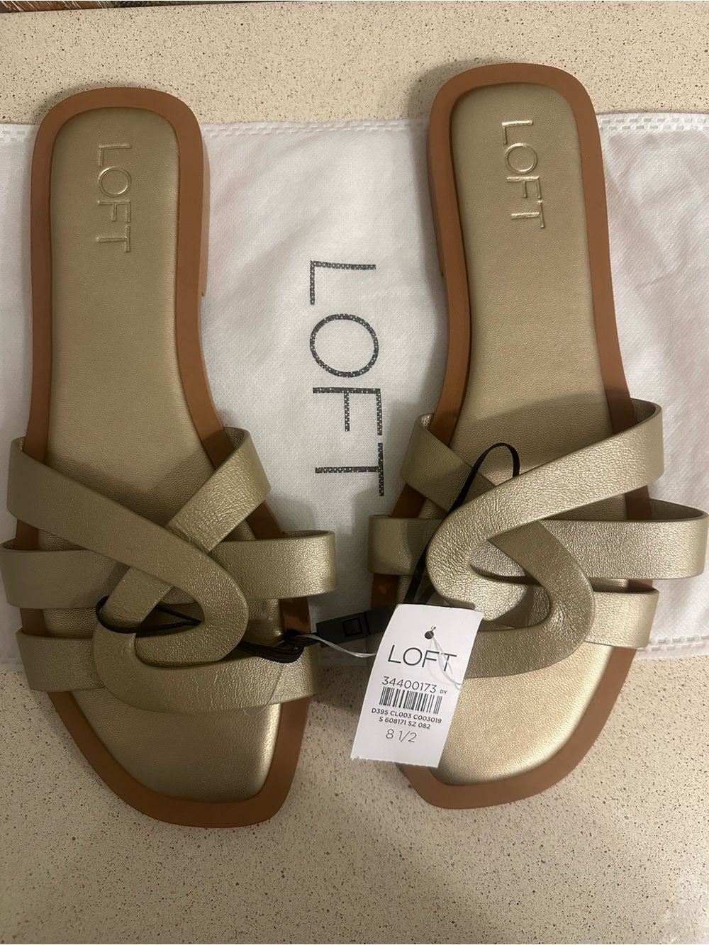 LOFT Metallic Gold Strappy Flat Sandals Size 8.5 NWT